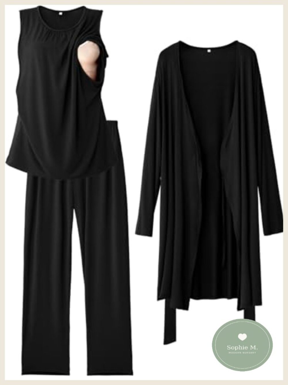 3-Piece Maternity Nursing Pajama Set with Robe, Adjustable High-Rise Pants